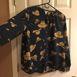 Bass Navy Fedora Printed Blouse Size Large
